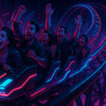 Achterbahnfahrt mit kreischenden Leuten – das Foto ist im Stil von Caberpunk mit Neonakzenten gestaltet – es steht sinnbildlich für das Auf und Ab in der Wirtschaft