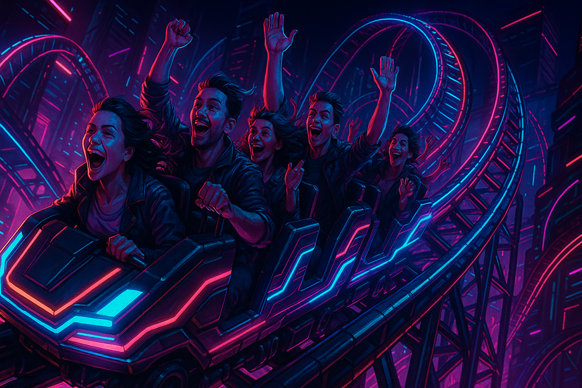 Achterbahnfahrt mit kreischenden Leuten – das Foto ist im Stil von Caberpunk mit Neonakzenten gestaltet – es steht sinnbildlich für das Auf und Ab in der Wirtschaft